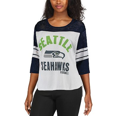 Women's G-III 4Her by Carl Banks White/College Navy Seattle Seahawks First Team Three-Quarter Sleeve Mesh T-Shirt