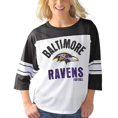 Women's G-III 4Her by Carl Banks White/Black Baltimore Ravens First Team Three-Quarter Sleeve Mesh T-Shirt