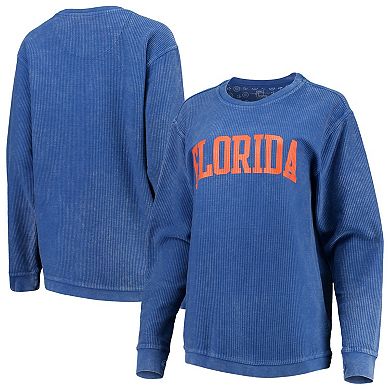 Women's Pressbox Royal Florida Gators Comfy Cord Vintage Wash Basic Arch Pullover Sweatshirt