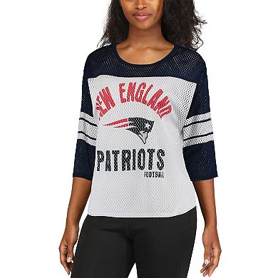 Women's G-III 4Her by Carl Banks White/Navy New England Patriots First Team Three-Quarter Sleeve Mesh T-Shirt