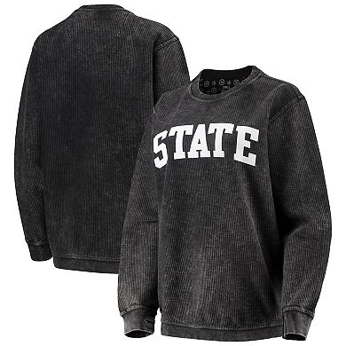 Women's Pressbox Black Michigan State Spartans Comfy Cord Vintage Wash Basic Arch Pullover Sweatshirt