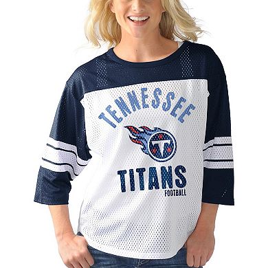 Women's G-III 4Her by Carl Banks White/Navy Tennessee Titans First Team Three-Quarter Sleeve Mesh T-Shirt
