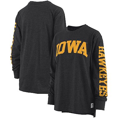 Women's Pressbox Heathered Black Iowa Hawkeyes Two-Hit Canyon Long Sleeve T-Shirt