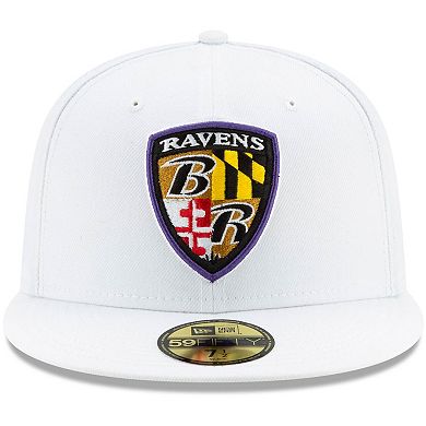 Men's New Era White Baltimore Ravens Shield Omaha 59FIFTY Fitted Hat