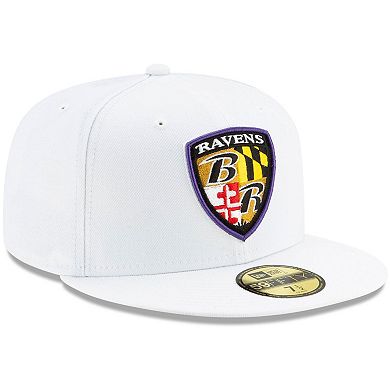 Men's New Era White Baltimore Ravens Shield Omaha 59FIFTY Fitted Hat