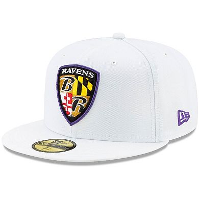 Men's New Era White Baltimore Ravens Shield Omaha 59FIFTY Fitted Hat