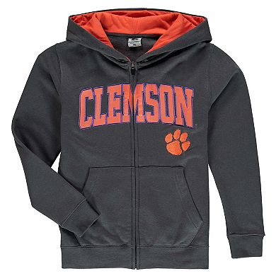 Youth Charcoal Clemson Tigers Applique Arch & Logo Full-Zip Hoodie