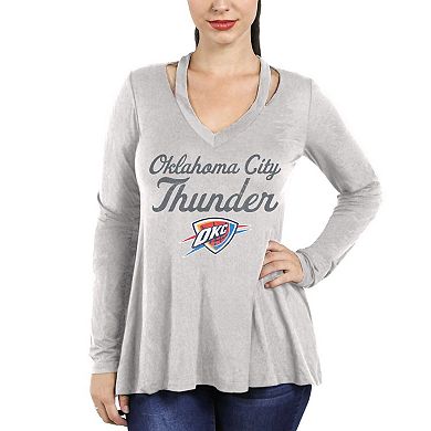 Women's Majestic Threads Gray Oklahoma City Thunder Double Dribble Separation Long Sleeve V-Neck T-Shirt