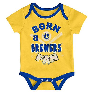 Newborn Royal/Gold/Cream Milwaukee Brewers Three-Pack Number One Bodysuit