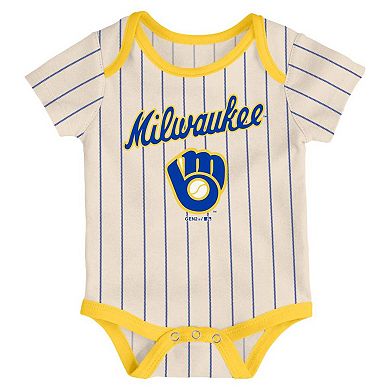 Newborn Royal/Gold/Cream Milwaukee Brewers Three-Pack Number One Bodysuit