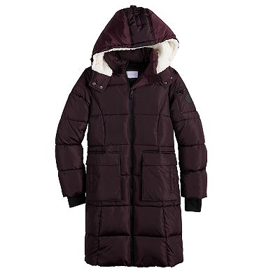 Juniors' madden girl Long Puffer Jacket with Fleece-Lined Hood