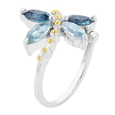 Rosabella Two Tone Sterling Silver Blue Topaz Dragonfly Ring 