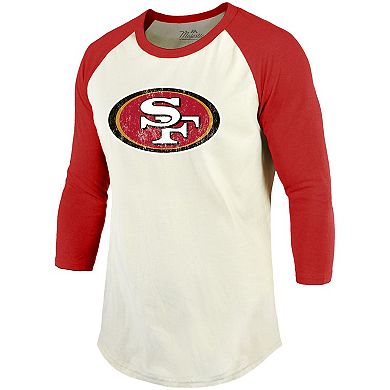 Men's Fanatics Branded George Kittle Cream/Scarlet San Francisco 49ers Vintage Player Name & Number Raglan 3/4-Sleeve T-Shirt
