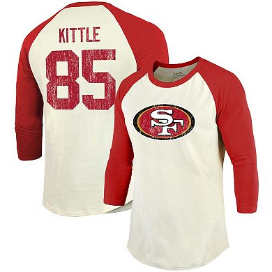 Men's Fanatics Branded George Kittle Cream/Scarlet San Francisco 49ers Vintage Player Name & Number Raglan 3/4-Sleeve T-Shirt