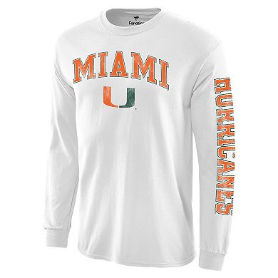 Men's White Miami Hurricanes Distressed Arch Over Logo Long Sleeve Hit T-Shirt