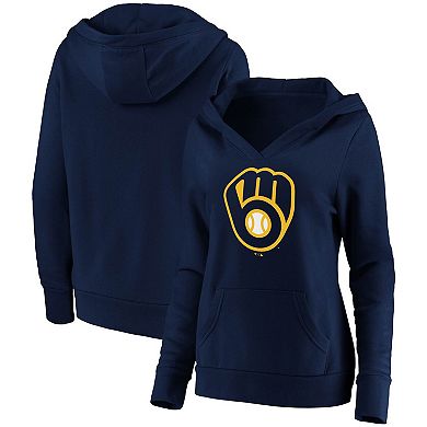 Women's Fanatics Branded Navy Milwaukee Brewers Official Logo Crossover V-Neck Pullover Hoodie