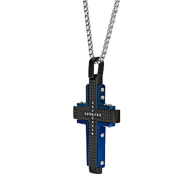 Men's LYNX Black & Blue Stainless Steel Cubic Zirconia Cross Pendant Necklace