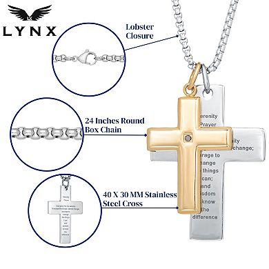 Men's LYNX Two Tone Stainless Steel Serenity Prayer Double Cross Pendant Necklace