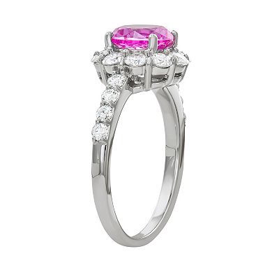Charles & Colvard 14k White Gold 2 3/4 Carat T.W. Lab-Created Moissanite & Lab-Created Pink Sapphire Halo Ring