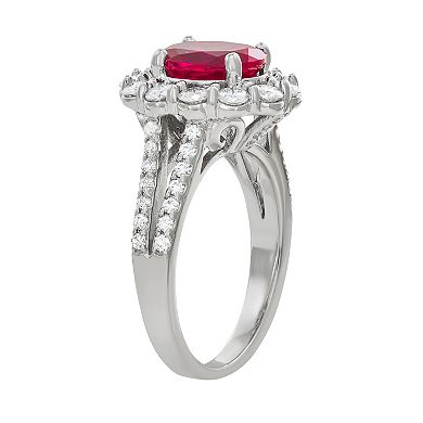Charles & Colvard 14k White Gold Lab-Created Ruby & 3 1/5 Carat T.W. Lab-Created Moissanite Halo Ring