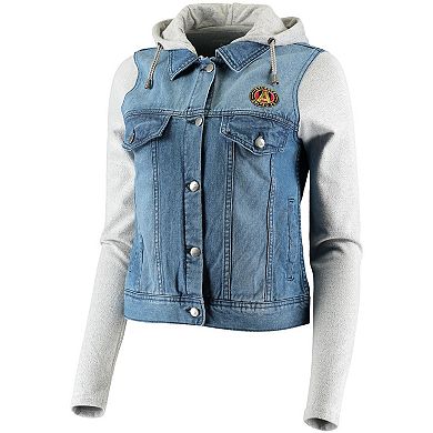 Women's Antigua Denim/Heathered Gray Atlanta United FC Swag Denim Bomber Hoodie Jacket