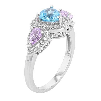 Sterling Silver Swiss Blue Topaz, Rose de France Amethyst & Lab-Created White Sapphire Ring