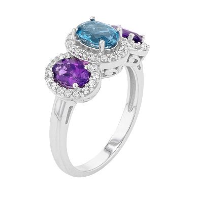 Sterling Silver London Blue Topaz, Amethyst & Lab-Created White Sapphire 3-Stone Ring
