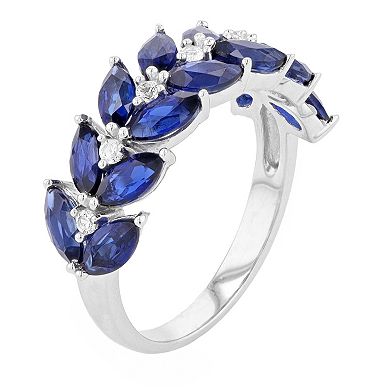 Sterling Silver Lab-Created Ceylon Sapphire & Lab-Created White Sapphire Leaf Ring