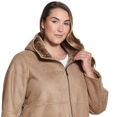 Plus Size Weathercast Hooded Midweight Faux-Shearling Coat