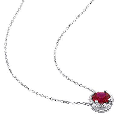 Stella Grace Sterling Silver Lab-Created Ruby & Lab-Created White Sapphire Halo Pendant Necklace