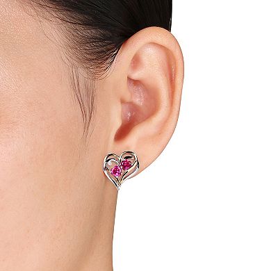Stella Grace Two Tone Sterling Silver Lab-Created Ruby & Diamond Accent Heart Earrings