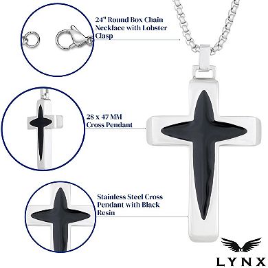 Men's LYNX Stainless Steel Black Resin Cross Pendant Necklace 