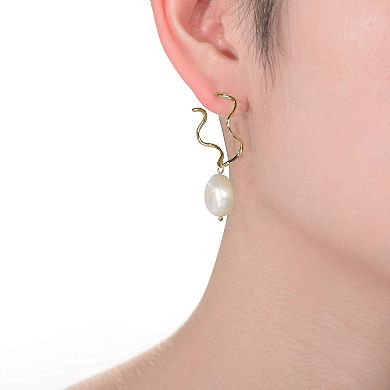 14k Gold Sterling Silver Freshwater Cultured Pearl Curvy Hoop Earrings
