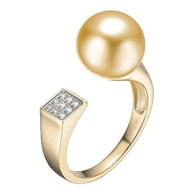 14k Gold Over Silver Gold Simulated Pearl & Cubic Zirconia Open Ring