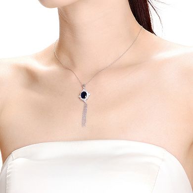 Sterling Silver Blue Cubic Zirconia Tassel Pendant Necklace
