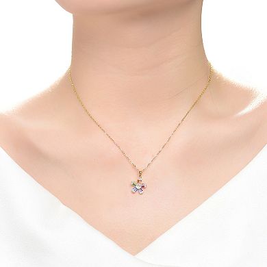 14k Gold Over Silver Multi Color Cubic Zirconia Baguette Flower Pendant Necklace