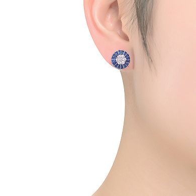 Sterling Silver Blue Cubic Zirconia Baguette & Round Stud Earrings