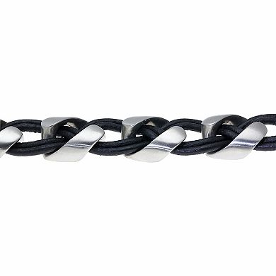 Men's LYNX Two Tone Sterling Silver Braided Black Leather Bracelet 