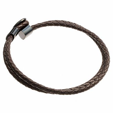 Men's LYNX Black Ion-Plated Stainless Steel Brown Leather Bracelet 