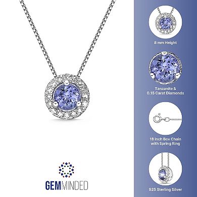 Gemminded Sterling Silver 1/6 Carat T.W. Diamond Tanzanite Halo Pendant Necklace