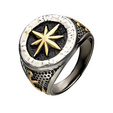 Men's Two Tone Stainless Steel Vintage Anchor & Compass Ring