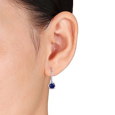 Stella Grace 10k White Gold 1/10 Carat T.W. Diamond & Lab-Created Sapphire Halo Leverback Earrings