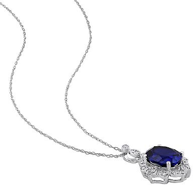 Stella Grace 10k White Gold 1/6 Carat T.W. Diamond & Lab-Created Sapphire Halo Pendant Necklace 