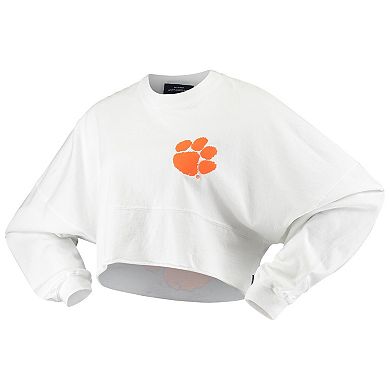 Women's White Clemson Tigers Raw Hem Cropped Spirit Jersey Long Sleeve T-Shirt