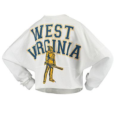 Women's White West Virginia Mountaineers Raw Hem Cropped Spirit Jersey Long Sleeve T-Shirt