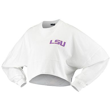 Women's White LSU Tigers Raw Hem Cropped Spirit Jersey Long Sleeve T-Shirt