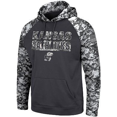 Men's Colosseum Charcoal Kansas Jayhawks OHT Military Appreciation Digital Camo Pullover Hoodie