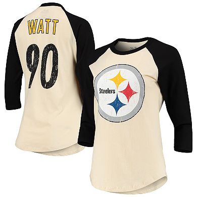 Women's Fanatics Branded T.J. Watt Cream/Black Pittsburgh Steelers Player Raglan Name & Number 3/4-Sleeve T-Shirt