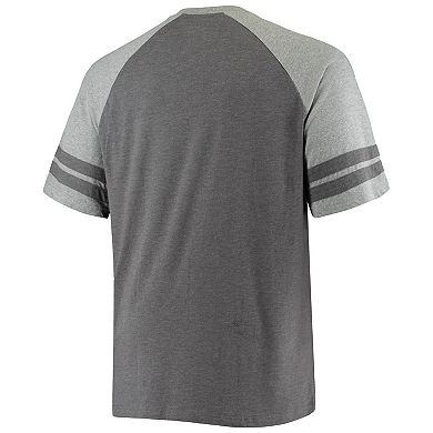 Men's Fanatics Branded Charcoal/Heathered Gray Carolina Panthers Big & Tall Two-Stripe Tri-Blend Raglan T-Shirt