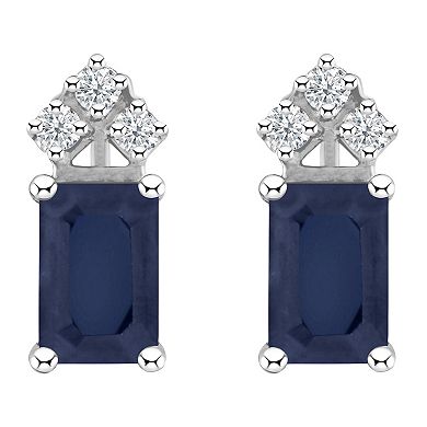 Celebration Gems 14k Gold Emerald Cut Sapphire & 1/8 Carat T.W. Diamond Stud Earrings